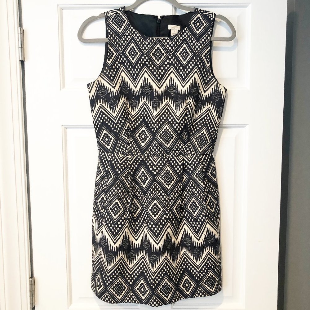 J. Crew Ikat Geometric Sleeveless Fit and Flare Shift Dress Black White 2 - Picture 2 of 10